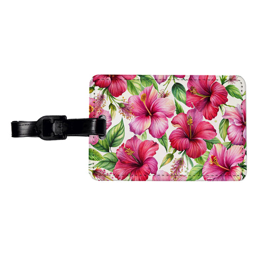 Fuchsia Hibiscus Flowers Watercolor Travel Faux Leather Luggage Tag