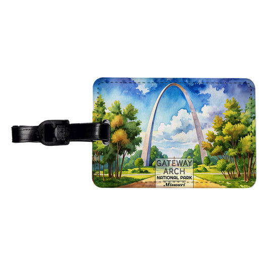 Gateway Arch National Park Missouri Watercolor Travel Faux Leather Luggage Tag