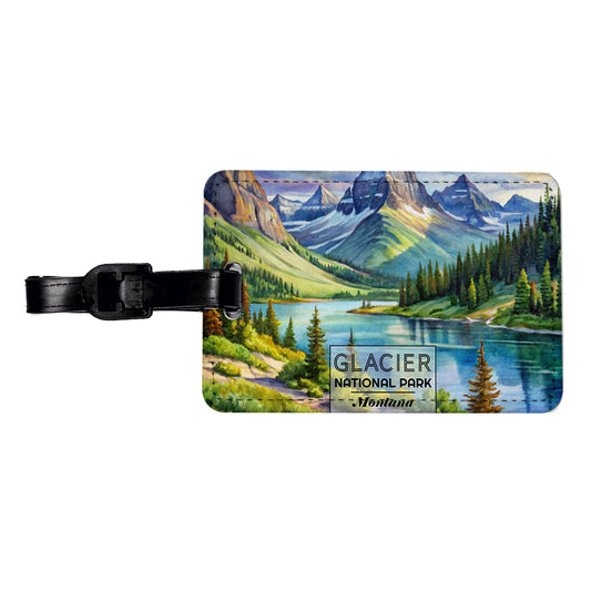 Glacier National Park Montana Watercolor Travel Faux Leather Luggage Tag