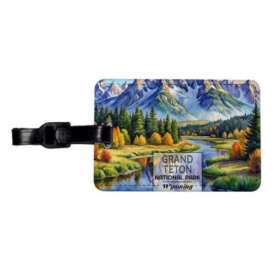 Grand Teton National Park Wyoming Watercolor Travel Faux Leather Luggage Tag