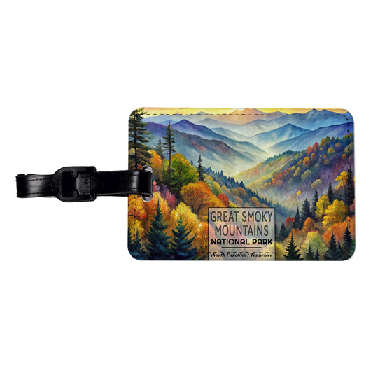 Great Smoky Mountains National Park North Carolina Tennessee Watercolor Travel Faux Leather Luggage Tag