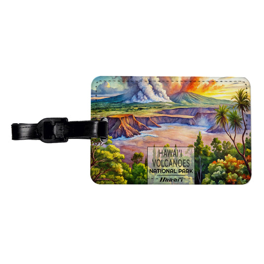 Hawaii Volcanoes National Park Watercolor Travel Faux Leather Luggage Tag