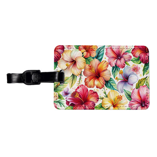 Hibiscus Tropical Flowers Watercolor Travel Faux Leather Luggage Tag