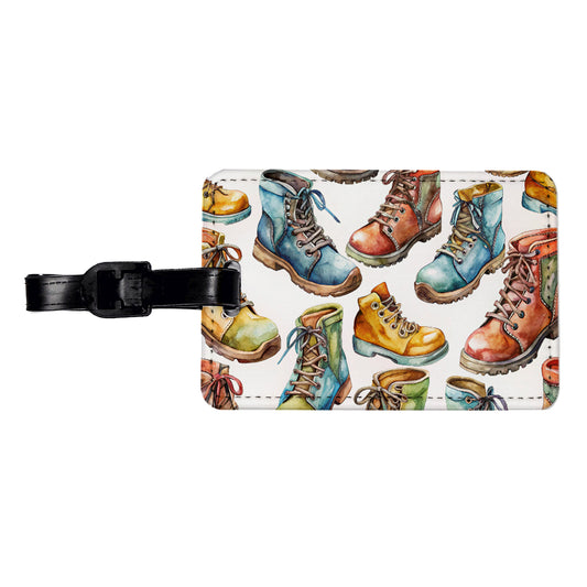 Hiking Boots Hikers Watercolor Travel Faux Leather Luggage Tag