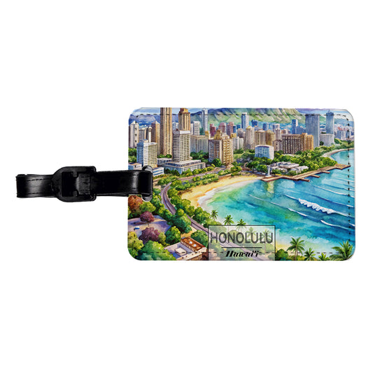 Honolulu Hawaii Travel City Watercolor Travel Faux Leather Luggage Tag