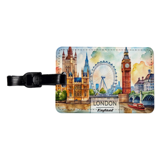 London England Travel City Watercolor Travel Faux Leather Luggage Tag