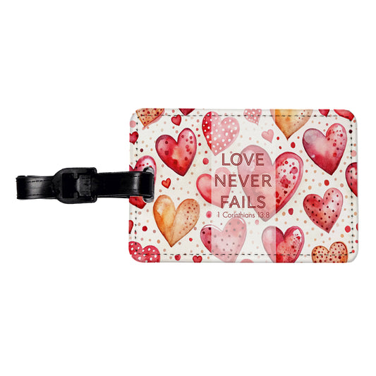 Love Never Fails Corinthians Red Hearts Christian Inspirational Travel Faux Leather Luggage Tag