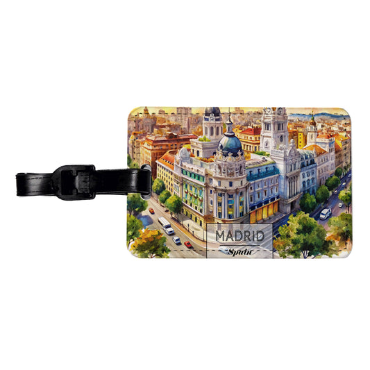 Madrid Spain Travel City Watercolor Travel Faux Leather Luggage Tag
