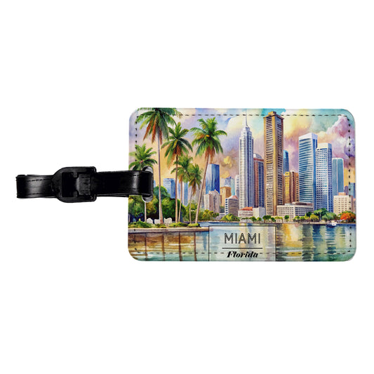 Miami Florida Travel Watercolor Travel Faux Leather Luggage Tag