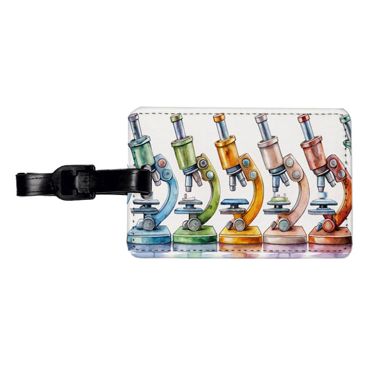 Microscopes In A Row Science Scientist Lab Anatomy Teacher Travel Faux Leather Luggage Tag