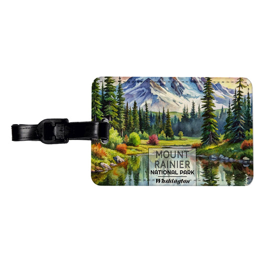 Mount Rainier National Park Washington Watercolor Travel Faux Leather Luggage Tag
