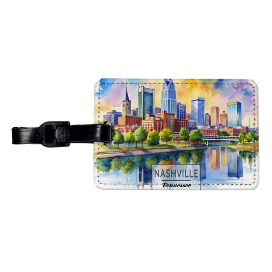 Nashville Tennessee Travel City Watercolor Travel Faux Leather Luggage Tag