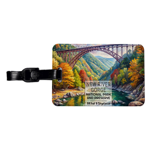New River Gorge With Bridge National Park West Virginia Watercolor Travel Faux Leather Luggage Tag