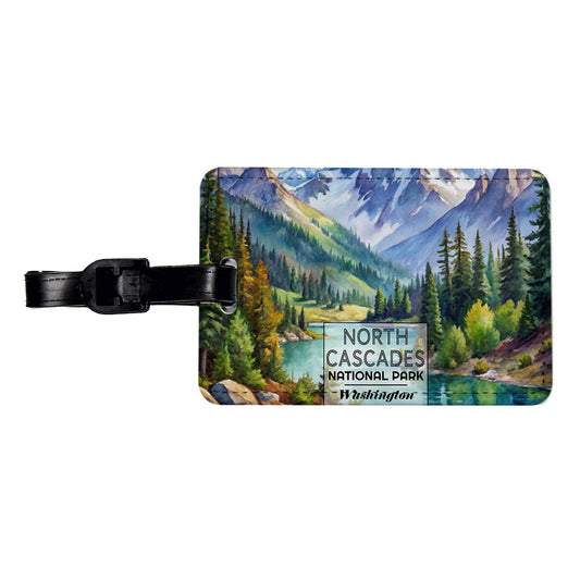 North Cascades National Park Washington Watercolor Travel Faux Leather Luggage Tag