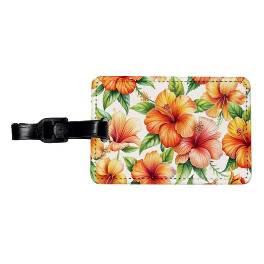 Orange Hibiscus Flowers Watercolor Travel Faux Leather Luggage Tag
