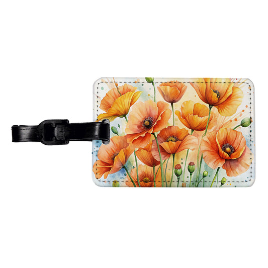 Orange Poppies Flowers Watercolor Travel Faux Leather Luggage Tag