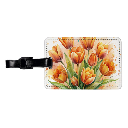 Orange Tulips Flowers Watercolor Travel Faux Leather Luggage Tag