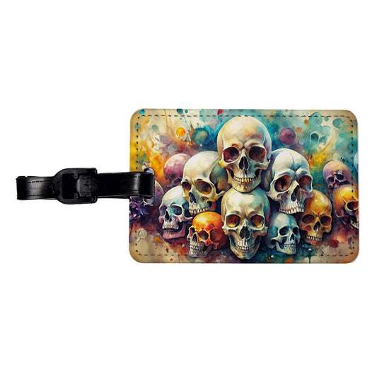 Overlapping Skulls Watercolor Travel Faux Leather Luggage Tag