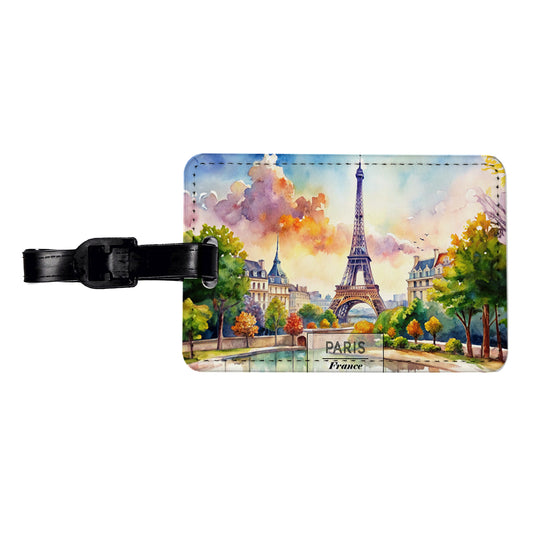 Paris France Eiffel Tower Travel City Watercolor Travel Faux Leather Luggage Tag