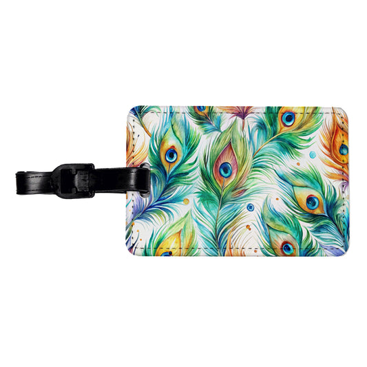 Peacock Feathers Watercolor Travel Faux Leather Luggage Tag