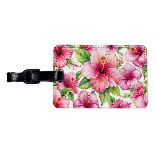 Pink Hibiscus Tropical Flowers Watercolor Travel Faux Leather Luggage Tag