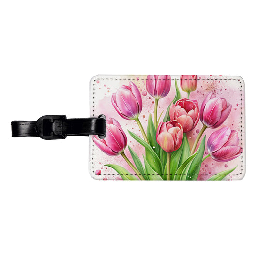 Pink Tulips Flowers Watercolor Travel Faux Leather Luggage Tag