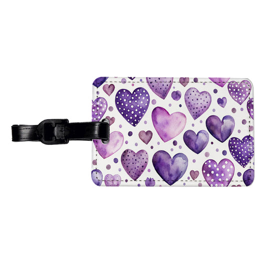 Purple Hearts Polka Dots Watercolor Travel Faux Leather Luggage Tag