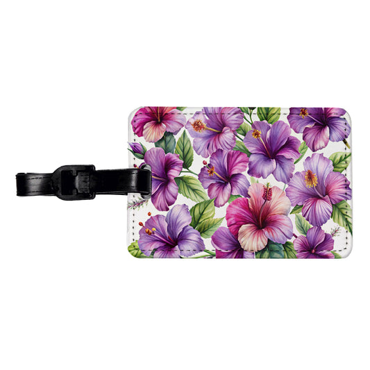 Purple Hibiscus Flowers Watercolor Travel Faux Leather Luggage Tag