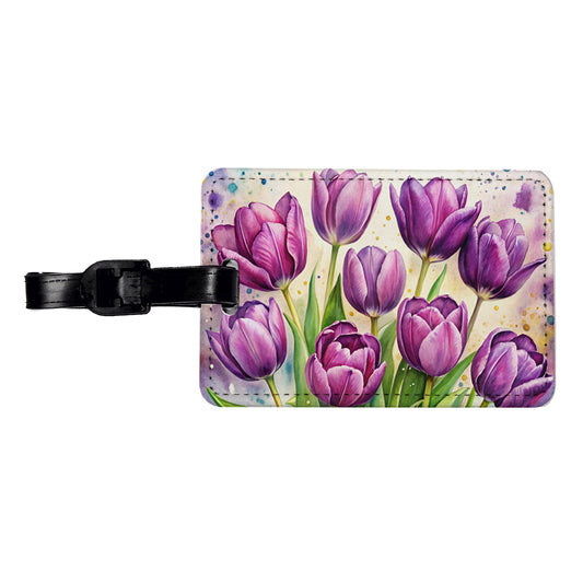 Purple Tulips Flowers Watercolor Travel Faux Leather Luggage Tag