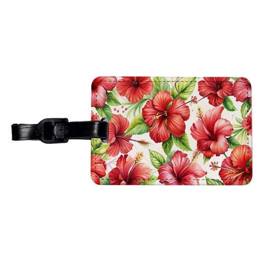 Red Hibiscus Flowers Watercolor Travel Faux Leather Luggage Tag