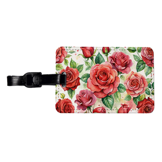 Red Roses Flowers Watercolor Travel Faux Leather Luggage Tag