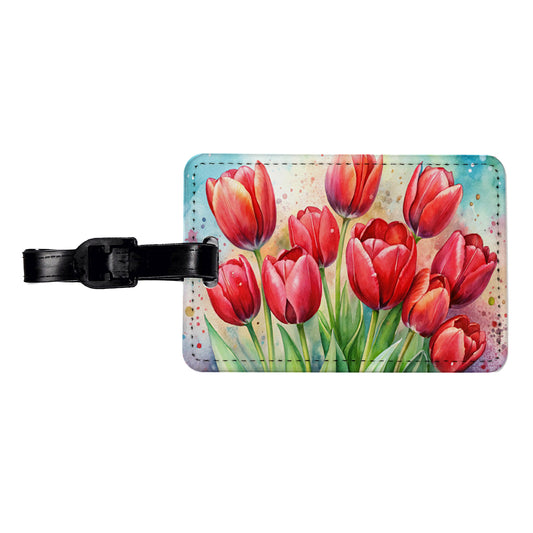 Red Tulips Flowers Watercolor Travel Faux Leather Luggage Tag