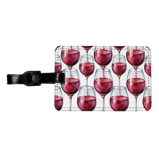 Red Wine Glasses Watercolor Travel Faux Leather Luggage Tag