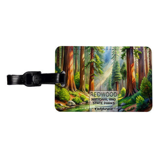 Redwood National Park California Watercolor Travel Faux Leather Luggage Tag