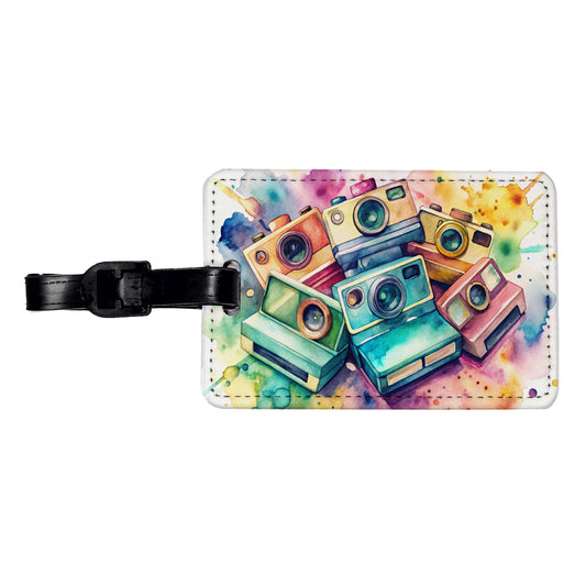 Retro Instant Cameras Photographer Watercolor Travel Faux Leather Luggage Tag