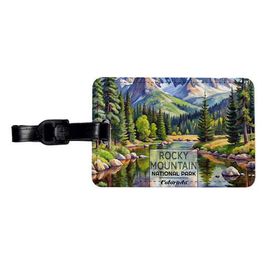 Rocky Mountain National Park Colorado Watercolor Travel Faux Leather Luggage Tag