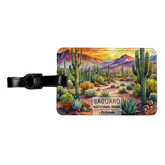 Saguaro National Park Cactus Arizona Watercolor Travel Faux Leather Luggage Tag