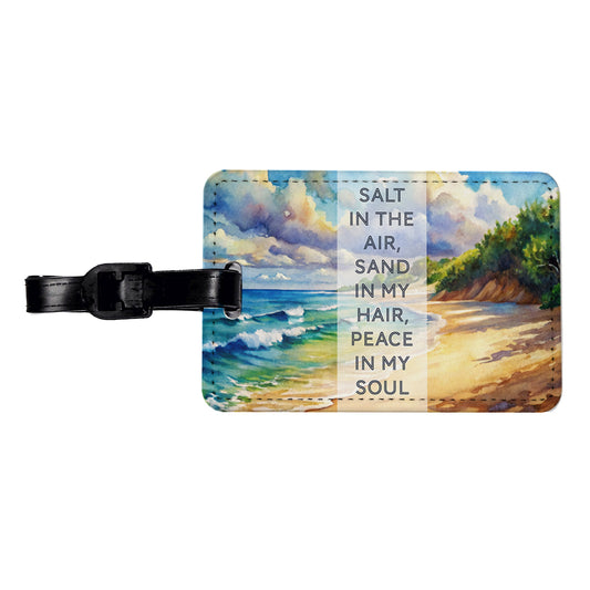 Salt Sand Peace Inspirational Beautiful Beach Ocean Watercolor Travel Faux Leather Luggage Tag