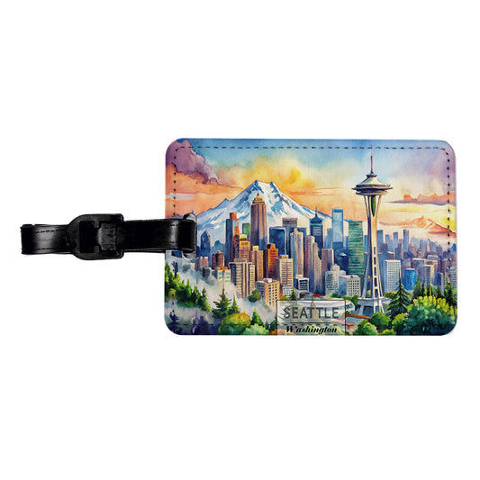 Seattle Washington Space Needle Travel City Watercolor Travel Faux Leather Luggage Tag