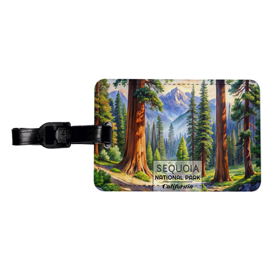 Sequoia National Park California Watercolor Travel Faux Leather Luggage Tag
