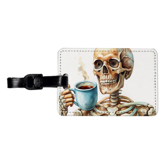 Skeleton Drinking Coffee Watercolor Travel Faux Leather Luggage Tag
