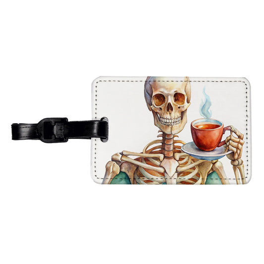 Skeleton Drinking Tea Watercolor Travel Faux Leather Luggage Tag