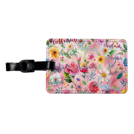 Soulmate Love Wedding Anniversary Flowers Pink Background Travel Faux Leather Luggage Tag