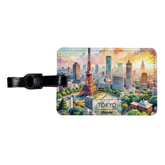 Tokyo Japan Travel City Watercolor Travel Faux Leather Luggage Tag