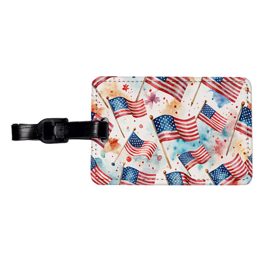 USA American Flags Patriotic Watercolor Travel Faux Leather Luggage Tag