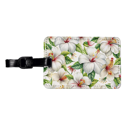 White Hibiscus Flowers Watercolor Travel Faux Leather Luggage Tag