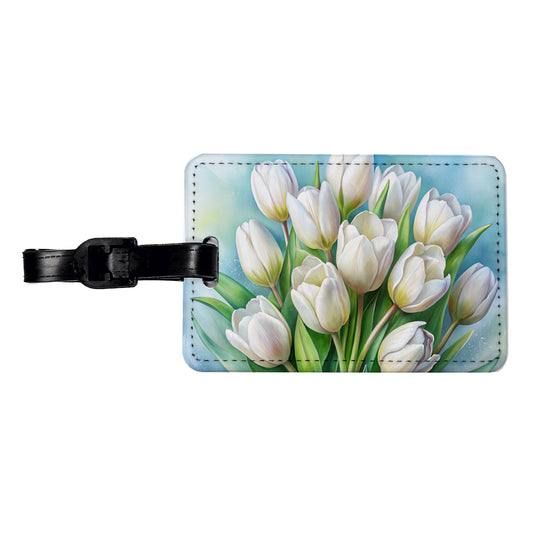 White Tulips Flowers Watercolor Travel Faux Leather Luggage Tag