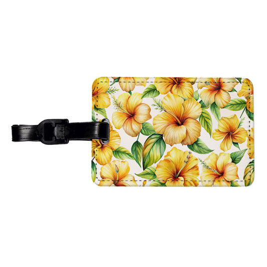 Yellow Hibiscus Flowers Watercolor Travel Faux Leather Luggage Tag