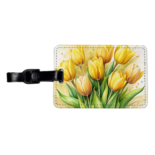 Yellow Tulips Flowers Watercolor Travel Faux Leather Luggage Tag