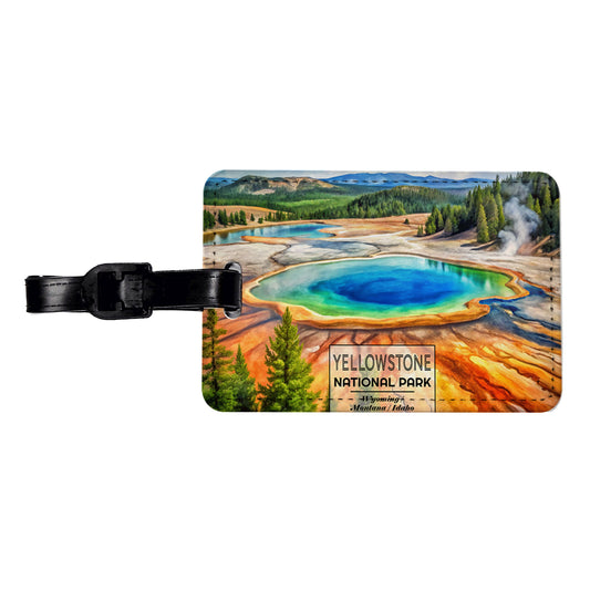 Yellowstone National Park Wyoming Montana Watercolor Travel Faux Leather Luggage Tag